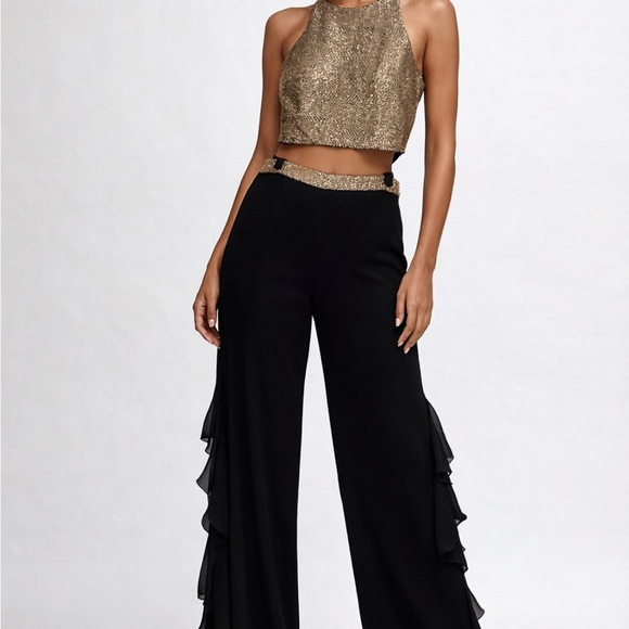 Gold Crop Halter Top & Black Wide-Leg Pants Set - Picture 4 of 13